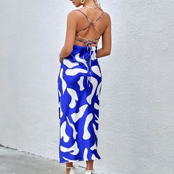 Blue & White Preppy Womens Allover Print Draped Collar Cami Dress - Picture 2 of 5